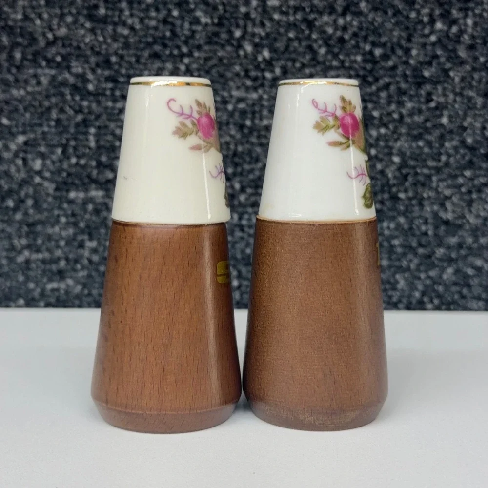 Vintage Nevco Japan Wood and Ceramic Floral Salt and Pepper Shakers Set MCM Rose